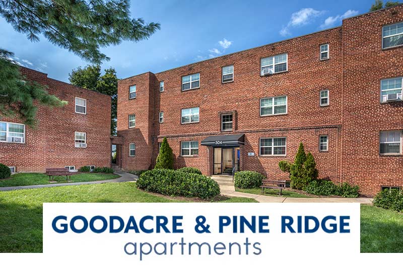 Goodacre & Pine Ridge Apartments exterior and logo